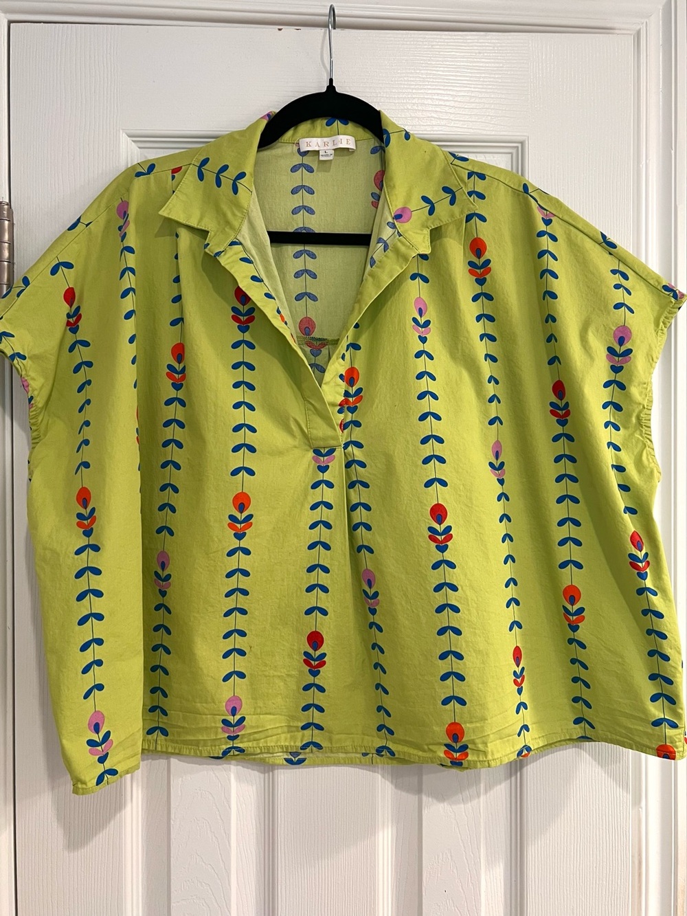 Karlie Boxy Collared Green Floral Vine Print Short Dolman Sleeve Blouse Top L